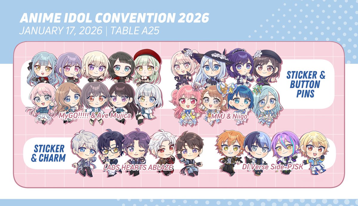 [ RTs🩷💙 ] 
runs and drops merch catalogue for #AnimeIdolConvention2026 ✨ 

📌 Bayanihan Center, Pasig, 
🗓 January 17, 2026 
🪧 Table A25 
🎀 vtubers, project sekai, avemygo, lads, kimipre, pripara, aikatsu (limited stock on certain designs (╥ᴗ╥)) 

#AIConPH #AIConPH2026