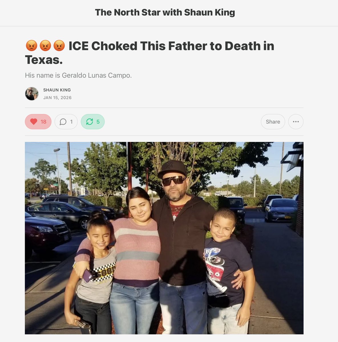 shaunking's tweet image. 🚨🚨🚨 ICE Choked This Father to Death in Texas.

His name is Geraldo Lunas Campo.

thenorthstar.com/p/ice-choked-t…