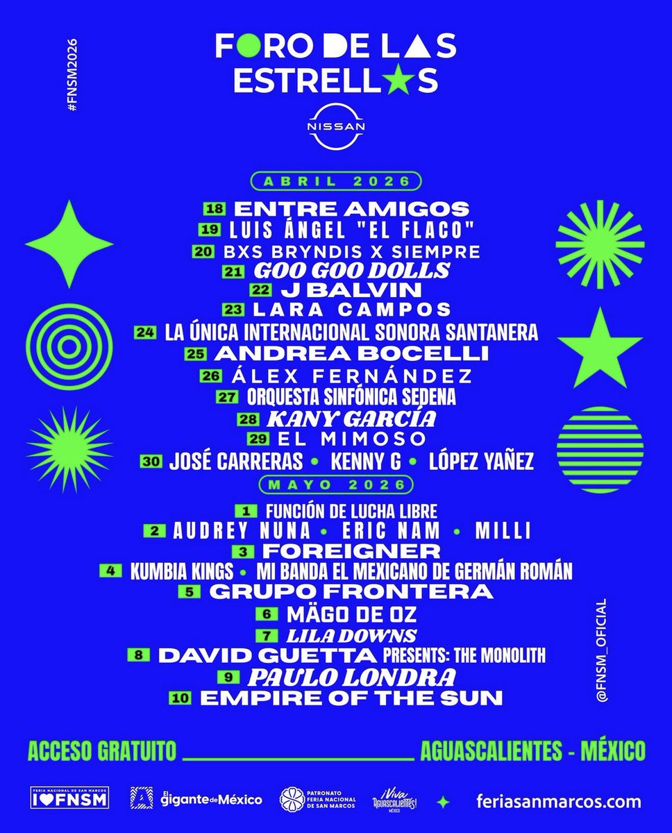 🚨Tenemos cartel del Foro de las Estrellas de la Feria de SAN Marcos de Aguascalientes!

👉🏼J Balvin, Andrea Bocelli, Foreigner, Grupo Frontera, David Guetta, Paulo Londra y Empire of the Sun son algunos de los nombres…

#ForodelasEstrellas #viral #Aguascalientes