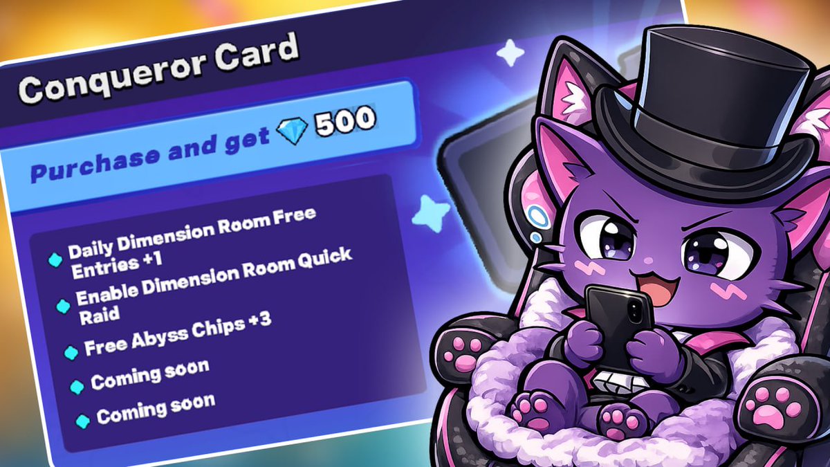 SpekterAgency's tweet image. New VIP Option: Conqueror Card! 

his offers additional quality-of-life benefits for Agents looking to streamline their runs 👍

⭐️Additional daily Dimension Room free entries
⭐️Dimension Room Quick Raid access
⭐️Free Abyss Chips

More features will be added soon~