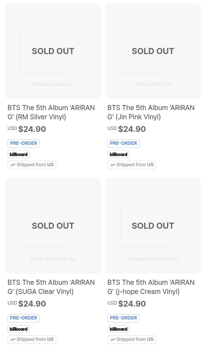 TheePopCore's tweet image. All BTS member versions of “ARIRANG” have officially SOLD-OUT on Weverse US within just 20 minutes.

(bts.lnk.to/arirang)