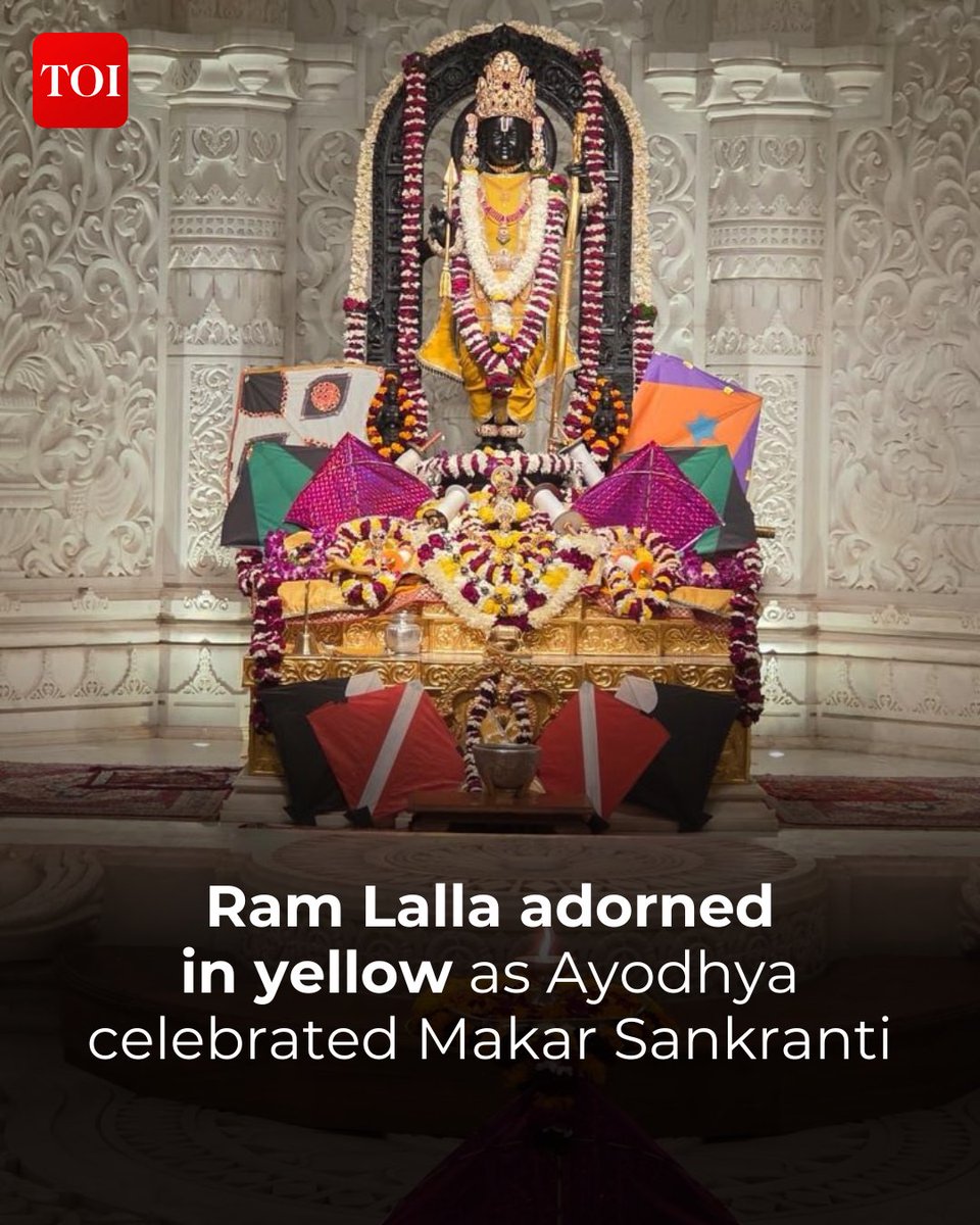 timesofindia's tweet image. Lord Ram Lalla is adorned in auspicious yellow at #Ayodhya on the occasion of #MakarSankranti 🌼🙏