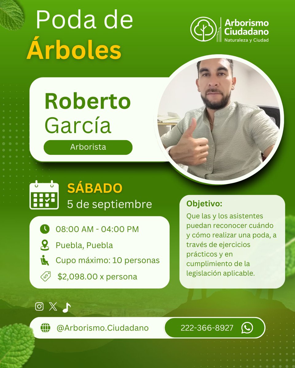 ArborismoC's tweet photo. 🌳Si #podas, evalúas o decides sobre #árboles urbanos, esto es para ti.
En 2026 lanzamos nuestros talleres.
No enseñamos a cortar: 📍enseñamos a decidir.
📩 DM para informes
#Capacitación #ArboladoUrbano #ArborismoCiudadano #arbol #arboricultura #Puebla #derribo https://t.co/8cjrndepjI