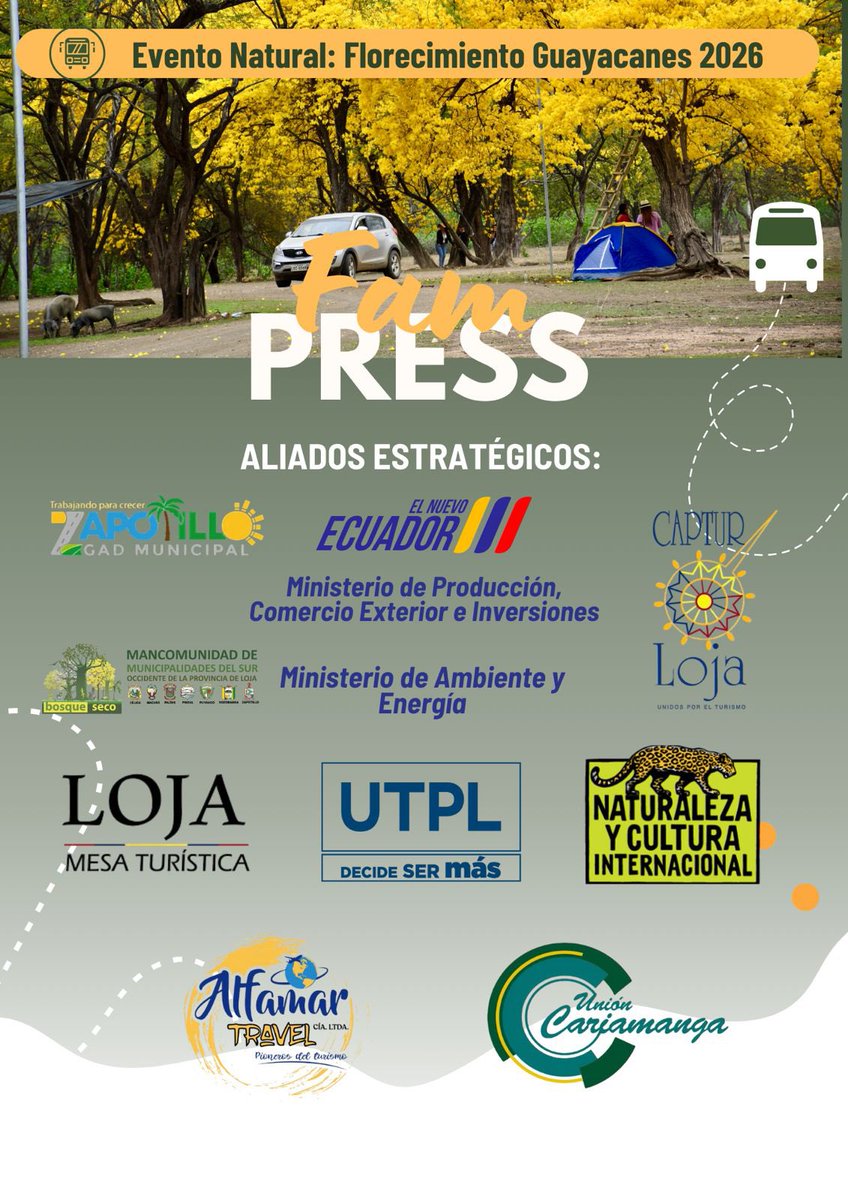 AlexandraMJaraM's tweet photo. #FlorecimientoGuayacanes2026 🌼🙌🏼🇪🇨
Desde Loja promovemos el primer #FamPress del 2026, una iniciativa que busca proyectar al país uno de los fenómenos naturales más representativos del sur del Ecuador, junto a aliados estratégicos. https://t.co/xO5P4ElKrz