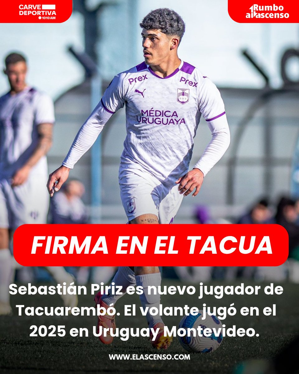 PRIMICIA 🔴⚪️

Sebastián Piriz es nuevo jugador de Tacuarembó. 

El volante de 21 años hizo inferiores en Defensor Sporting y en el 2025 jugó en Uruguay Montevideo.