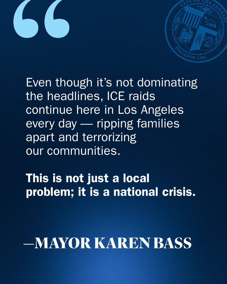 MayorOfLA's tweet image. Even though it’s not dominating the headlines, ICE raids continue in Los Angeles every day — ripping families apart and terrorizing our communities. ICE was seen today in the Fashion District, an area still struggling months after past raids drove away customers and left workers…