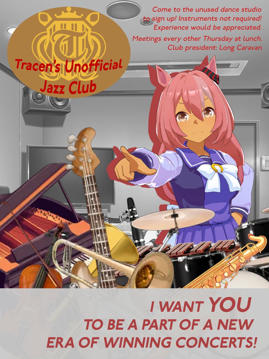 Longest_Caravan's tweet image. It's time! 
I need some new Umamusume who want to express themselves in a new, musical manner to join me in making the Jazz Club something truly noteworthy!

If you can't stop by the jazz studio, fill out this form instead! (Please answer the form)
forms.gle/TkWf8V5NP6Krzg…