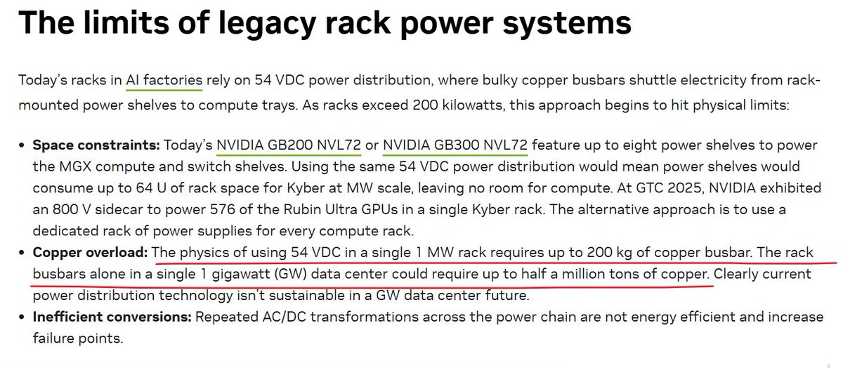 fxtrader's tweet image. 英伟达修正技术论文，大幅下修数据中心铜使用量预期
英伟达在一份去年的报告称，传统架构中单个1吉瓦的机架则可能需要多达50万吨的铜，也即意味着一个机架就将消耗全球年铜供应量的1.7%。后来报告被广泛传播。
目前英伟达将数据下修99.96%至“200吨”。猜测很可能是错将50万磅（226.8吨）写为“万吨”。