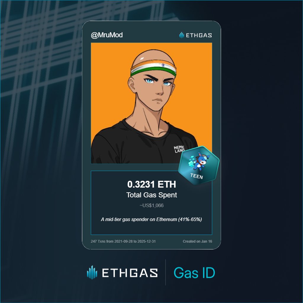 MruMod's tweet image. Discovered my Gas ID via ETHGas - turning my gas spend into rewards 🫘

As a Teen Jack, I've spent 0.3231 ETH on gas but earned 120 Beans back.

Get your Gas ID and Beans here: ethgas.com/community/gas-…