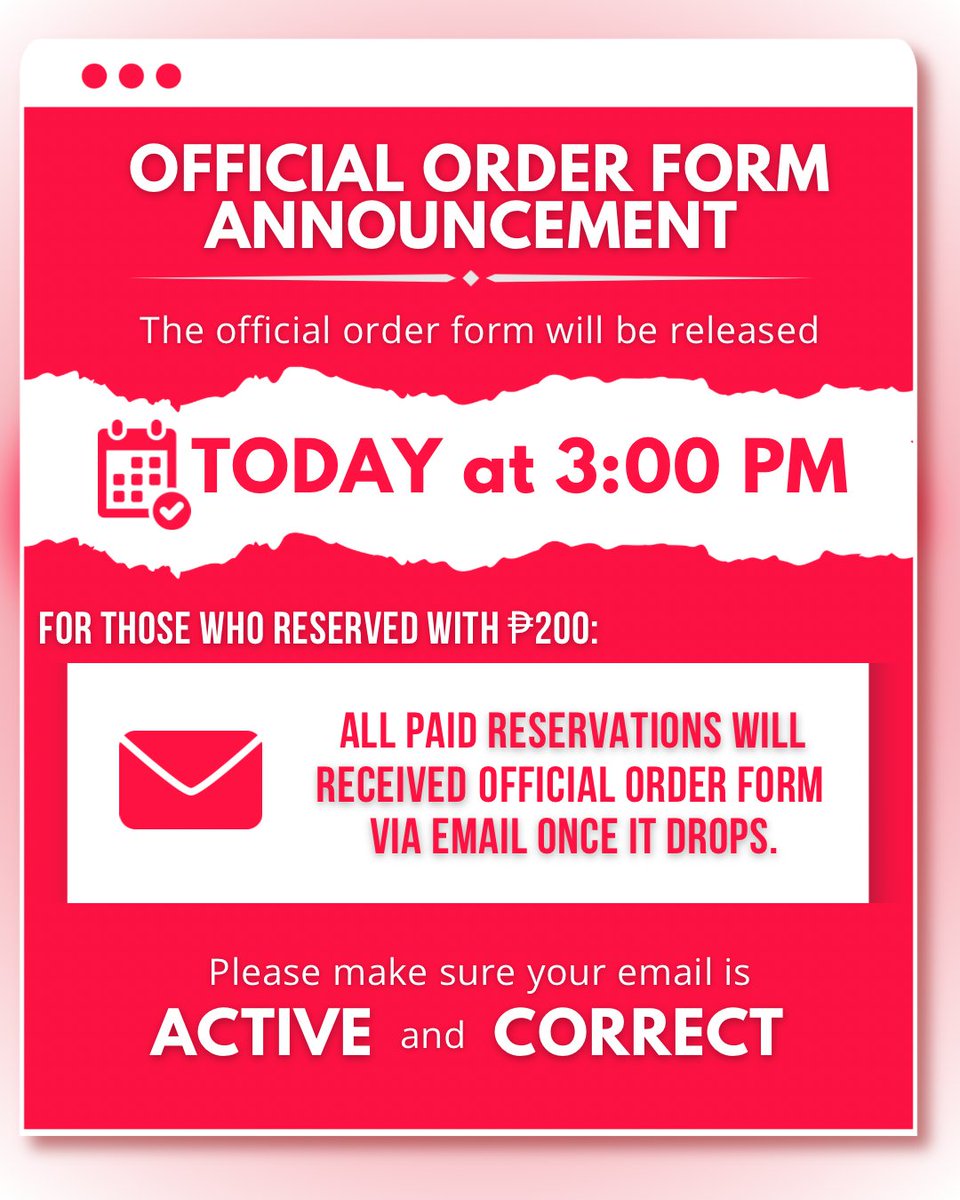 📣 OFFICIAL ORDER FORM UPDATE 📣

The wait is almost over! 💜
The official order form drops TODAY at 3:00 PM ⏰

📌 For those who reserved with ₱200:
✔️ The official order form will be sent via email once released.
📧 Please make sure your email is ACTIVE and CORRECT.