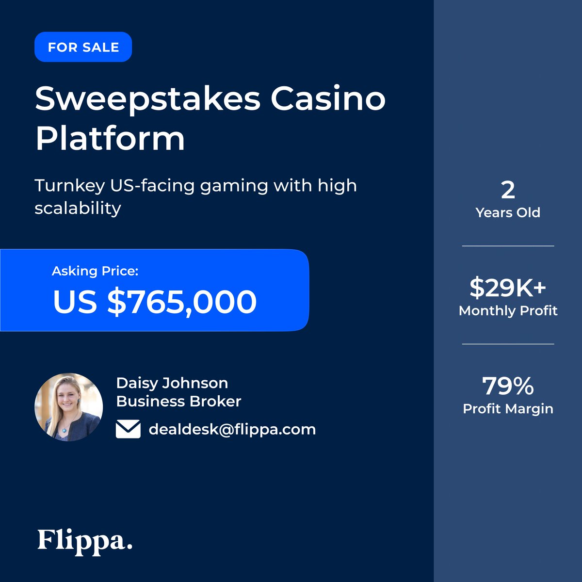 𝐅𝐨𝐫 𝐒𝐚𝐥𝐞 – $𝟕𝟔𝟓𝐊 🔥 Sweepstakes casino | FB Ads approved 💰 $37K  revenue | $29.3K profit | 79% margins ⚙️ 193K users | PSP/bank/crypto ready  🚀 $450K TTM | Zero marketing |