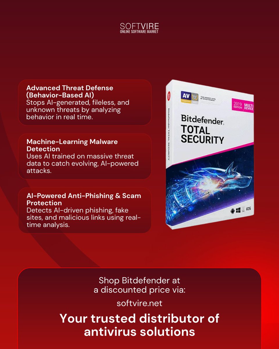 AI threats move fast, adapt instantly, and bypass traditional antivirus.

🌐 Shop legitimate and trusted antivirus like Bitdefender via: softvire.net

#antivirus #cybersecurity #technicianlife #itcompany #itservice #softwaremarket #itconsulting #microsoftoffice