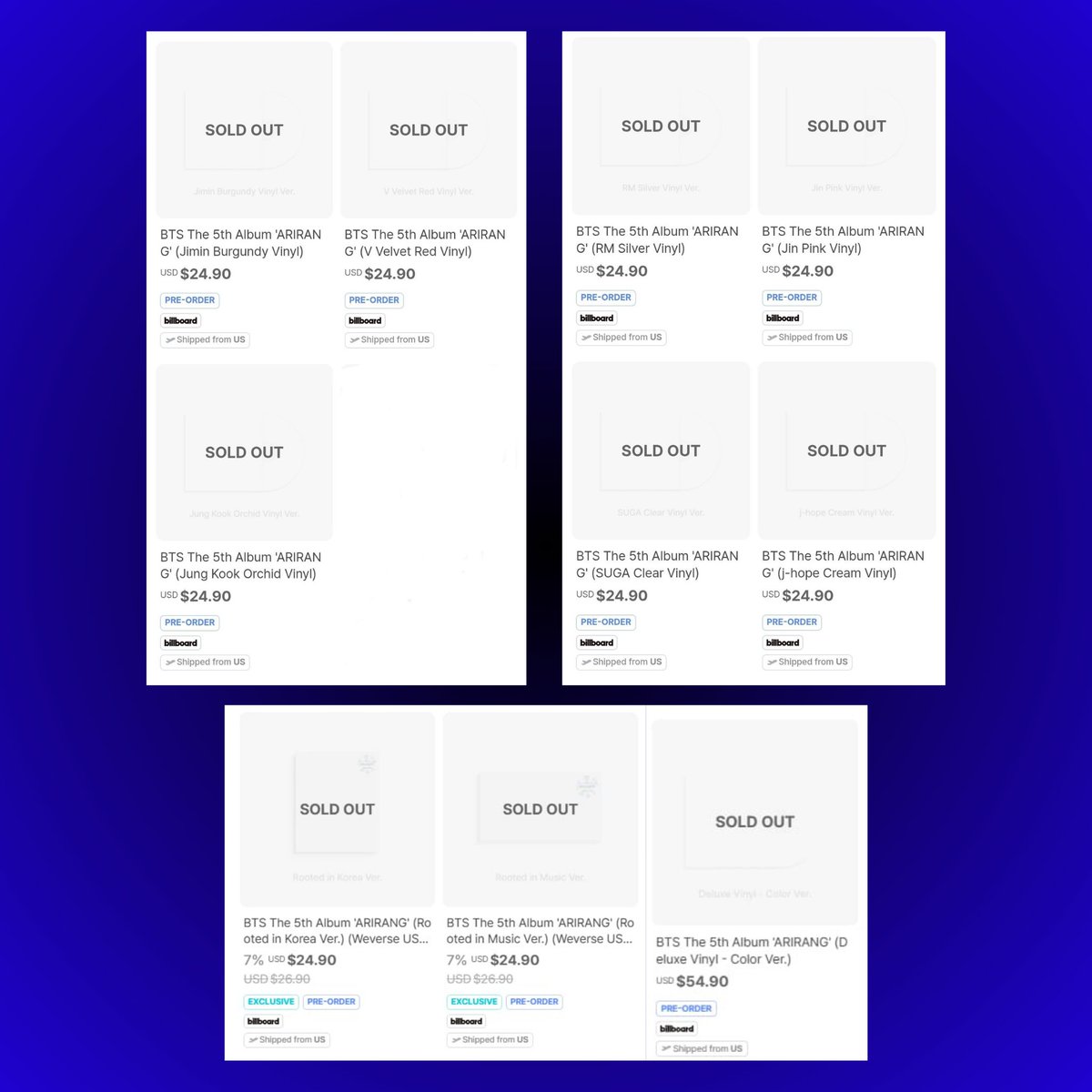 TheePopCore's tweet image. Within 30 minutes of the preorder opening, all editions of BTS’s Arirang album SOLD-OUT on the US Weverse store. 

No photos or concepts have been disclosed; all versions across stores appear completely blank and remain a mystery.

(bts.lnk.to/arirang)