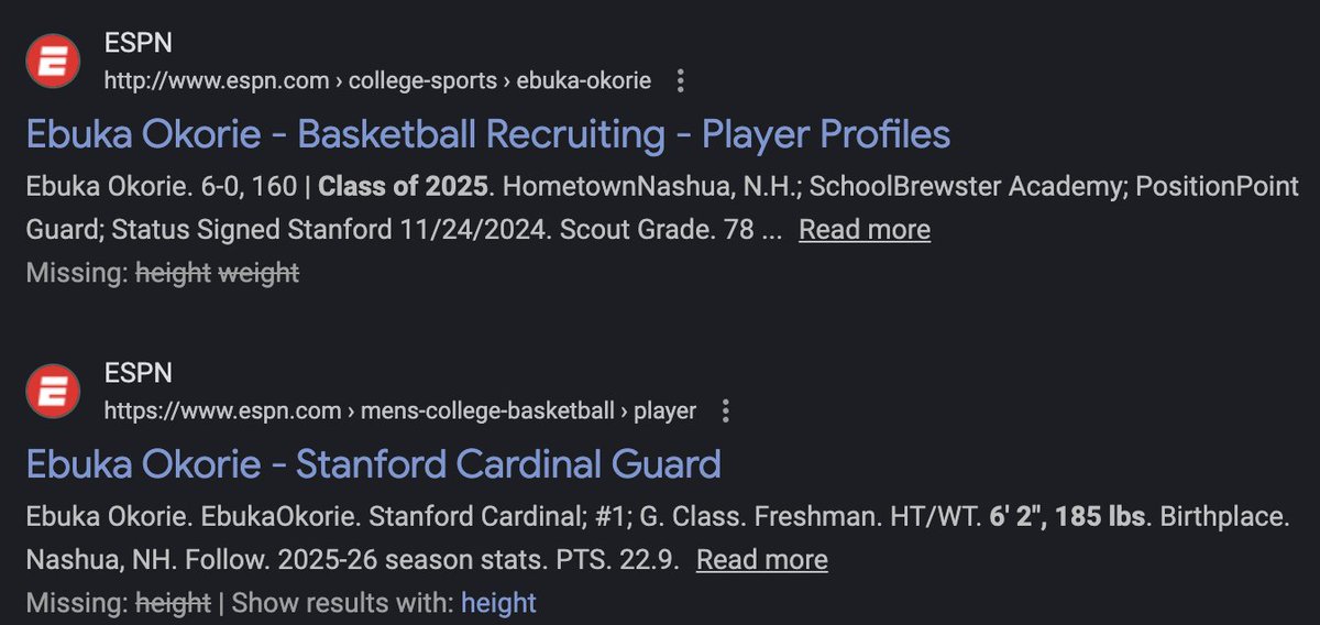 onballcreator's tweet image. So interesting the difference in height/weight listings we see between the ESPN college basketball player profile pages (where they typically just copy whatever height/weight the player's college team lists them as) 

And the ESPN Recruiting player profile pages (which are not…