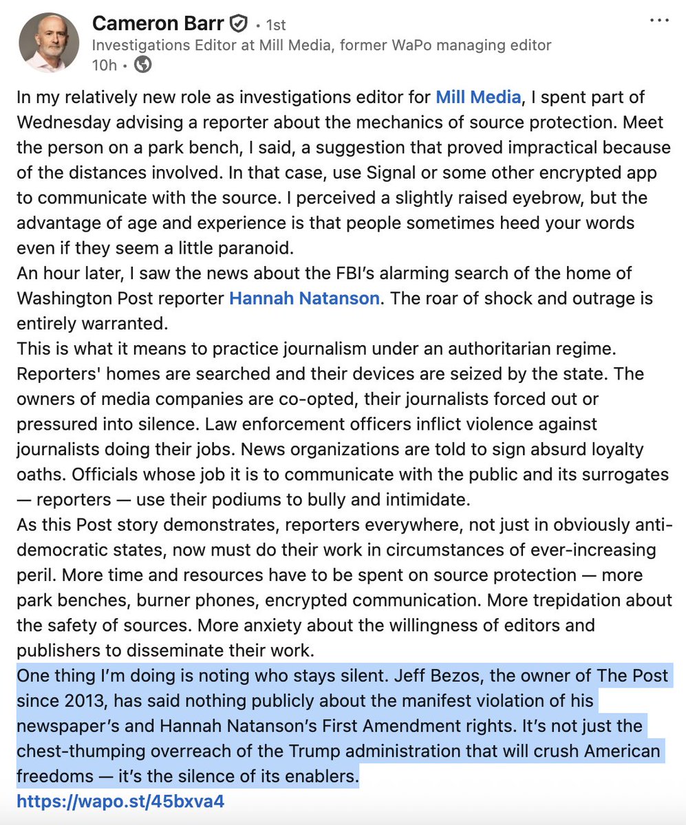 jeremymbarr's tweet image. Former Washington Post managing editor Cameron Barr noted Bezos’ lack of comment in a post on LinkedIn: 

“One thing I’m doing is noting who stays silent. Jeff Bezos, the owner of The Post since 2013, has said nothing publicly about the manifest violation of his newspaper’s and…
