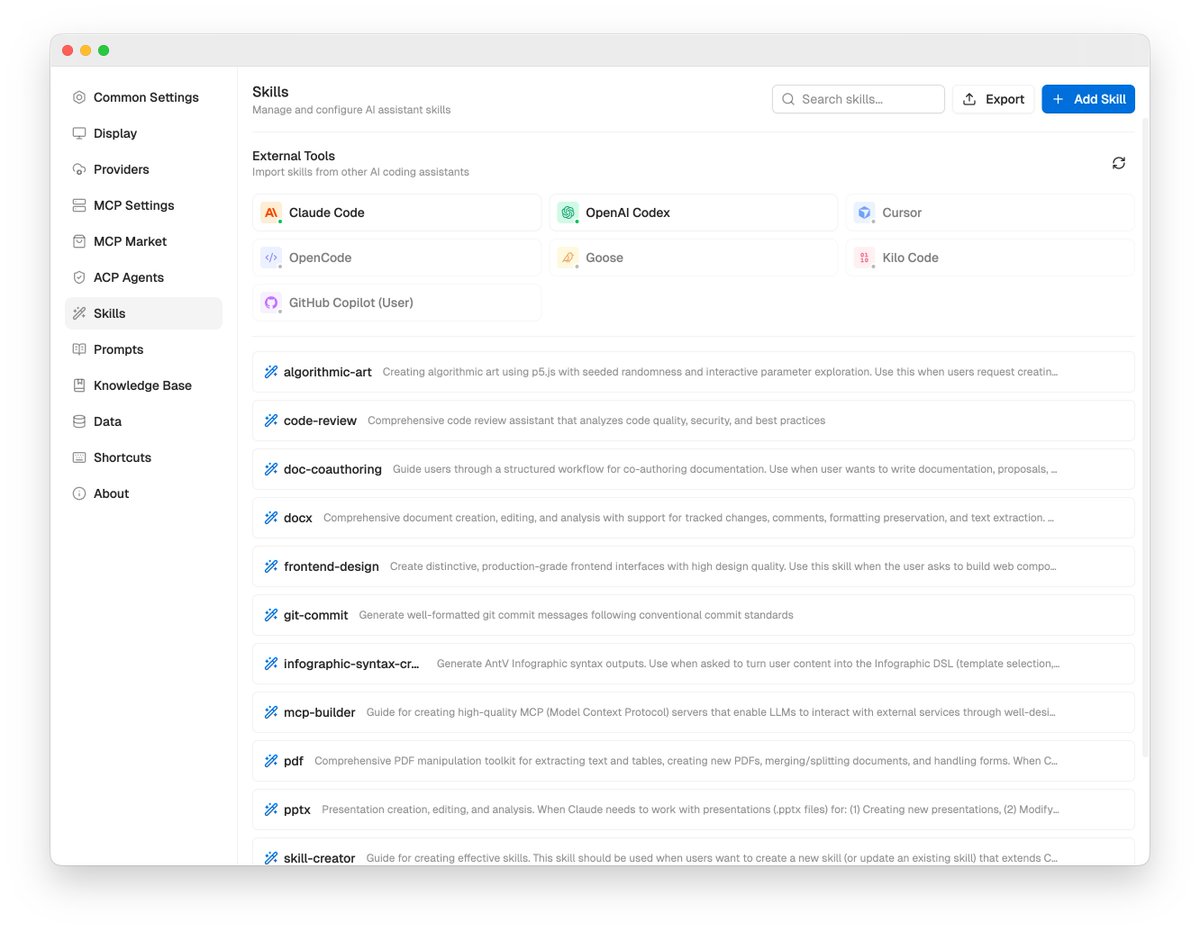 DeepChat V0.5.6-beta.5 更新：
Skills 能力集成，支持安装、导入导出与多平台适配
可以用 DeepChat 调试好 Skills 然后在所有你想要的 Agent 里面去使用
自动化 Skills 选择，自动offload 上下文，更智能的上下文管理
github.com/ThinkInAIXYZ/d…