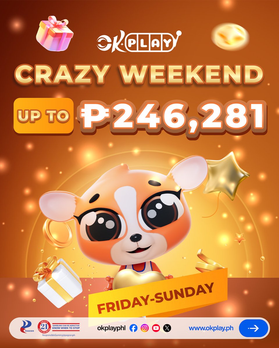 okplayphl's tweet image. CRAZY WEEKEND na sa OKPlay! 

Win up to ₱246,281 from Friday to Sunday. 

Game smart, play responsible, at baka ikaw na ang next big winner!

Click the link to get started  okplay.ph

#OKPLayers #OKPlayPH #CrazyWeekend #PlayResponsibly