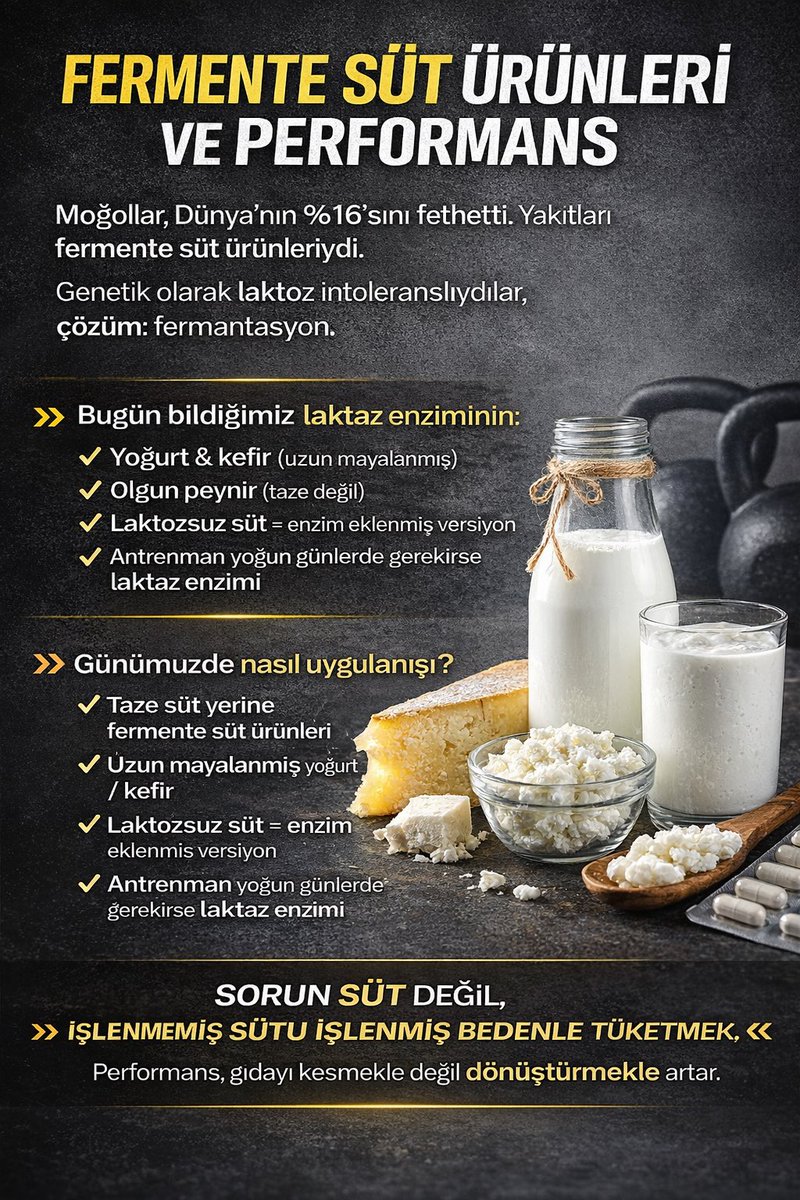 Moğollar %16 dünya kara yüzeyini fethetti.
Yakıtları: fermente süt ürünleri.
Genetik olarak laktoz intoleranslıydılar.

Çözüm: laktaz değil, fermantasyon.

Süt fermente edilince laktoz parçalanır →
✔️ Sindirim yükü düşer
✔️ Protein ve yağ emilimi artar
✔️ B vitaminleri +