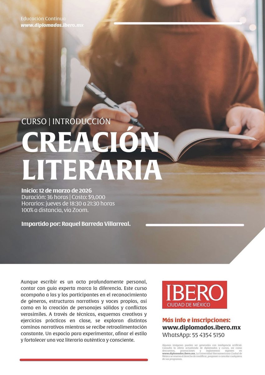 Para quienes desean proyectar su voz narrativa.
✍️📚
Es un curso que imparto en mi querida IBERO desde 2014.
Formato: virtual.

<a href="/DiplomadosIbero/">Diplomados Ibero</a> 
<a href="/IBERO_mx/">IBERO CDMX</a>