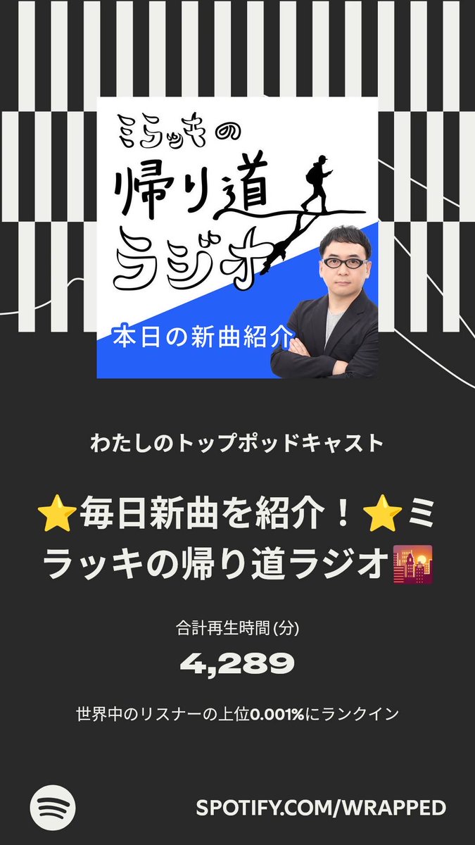 NekojitaCafe's tweet image. 今年のわたしのトップポッドキャストは「⭐️毎日新曲を紹介！⭐️ミラッキの帰り道ラジオ🌇」でした。詳しくはわたしの #Spotifyまとめ をチェック。   spotify.com/wrapped-share/…