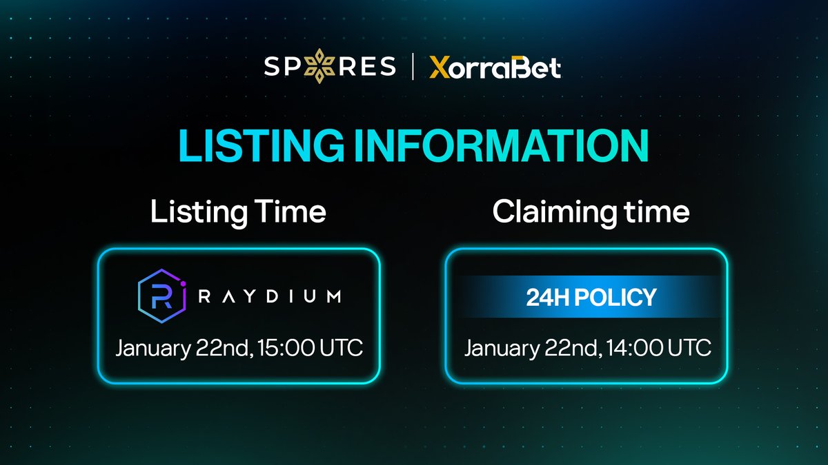 Dear <a href="/XorraBet/">XorraBet</a>'s Investors,
Here is all the information about the listing of $XORRA for you 👇

✅ Claiming time: January 22nd 14:00 UTC on Spores Launchpad
✅ Listing time: January 22nd 15:00 UTC on <a href="/Raydium/">Raydium</a>
✅ Safeguard end time: January 23rd 15:00 UTC 
🔐 Vesting schedule: 50%