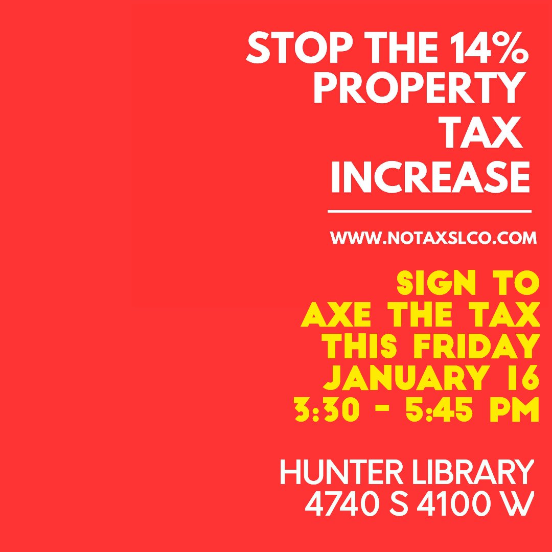 MonicaBWilbur's tweet image. Westside residents in Magna, Hunter, West Valley, and Kearns, come sign the referendum to AXE the 14% TAX in Salt Lake County this FRIDAY, 3:30-5:45pm at Hunter Library! Bring a friend or five!