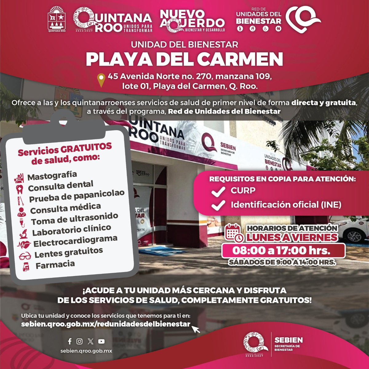 En Playa del Carmen ya opera la Unidad del Bienestar con servicios de salud gratuitos: consulta médica y dental, mastografías, Papanicolaou, laboratorio, lentes y más.

📍 45 Av. Norte No. 270
📄 Requisitos: CURP e INE
🕘 Lun–Vie 8–17 | Sáb 9–14

La salud es bienestar.