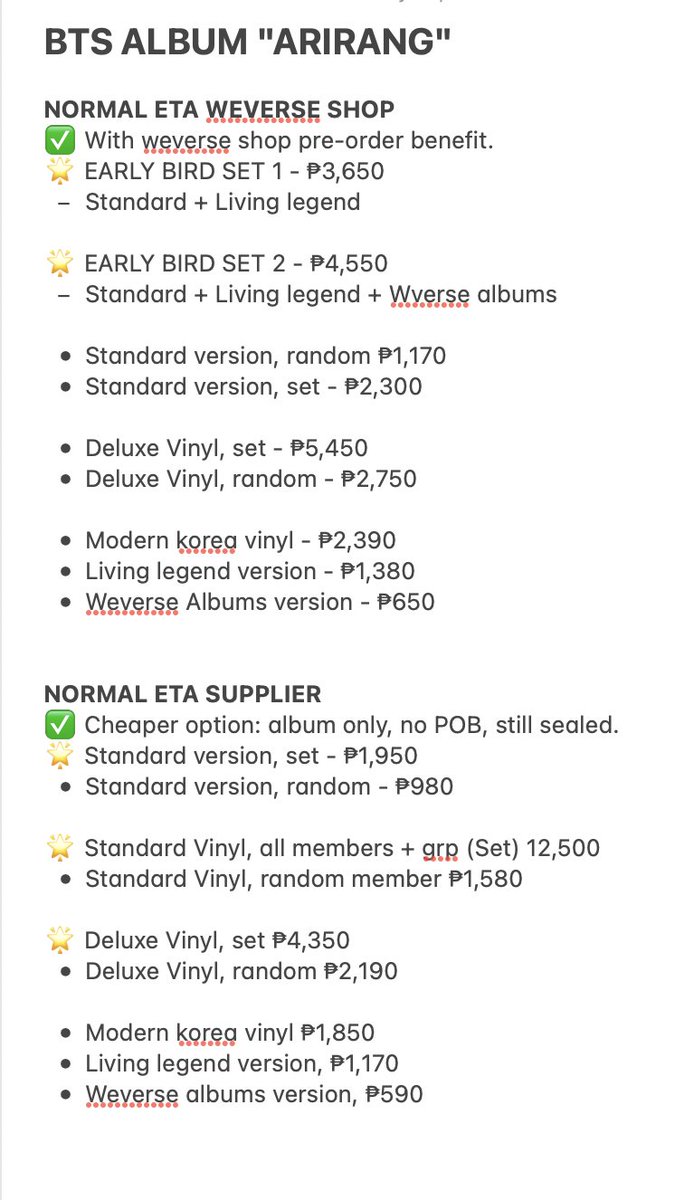 PH GO | WTS LFB

NEW BTS ALBUM 'ARIRANG'

Price starts at ₱590
**Pls check photo for full pricelist

Deadline of payment
50% Downpayment March 15
Remaining balance once onhand

Order form: thesavenph.com