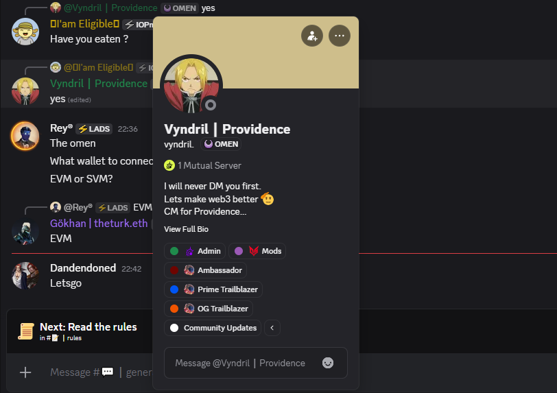 Warning Details
Hackers on the compromised <a href="/PlayProvidence/">Providence</a>  Discord are posting this fraudulent airdrop to trick users into connecting wallets or sending funds. 
The hackers are using these 2 accounts with admin roles to scam users.