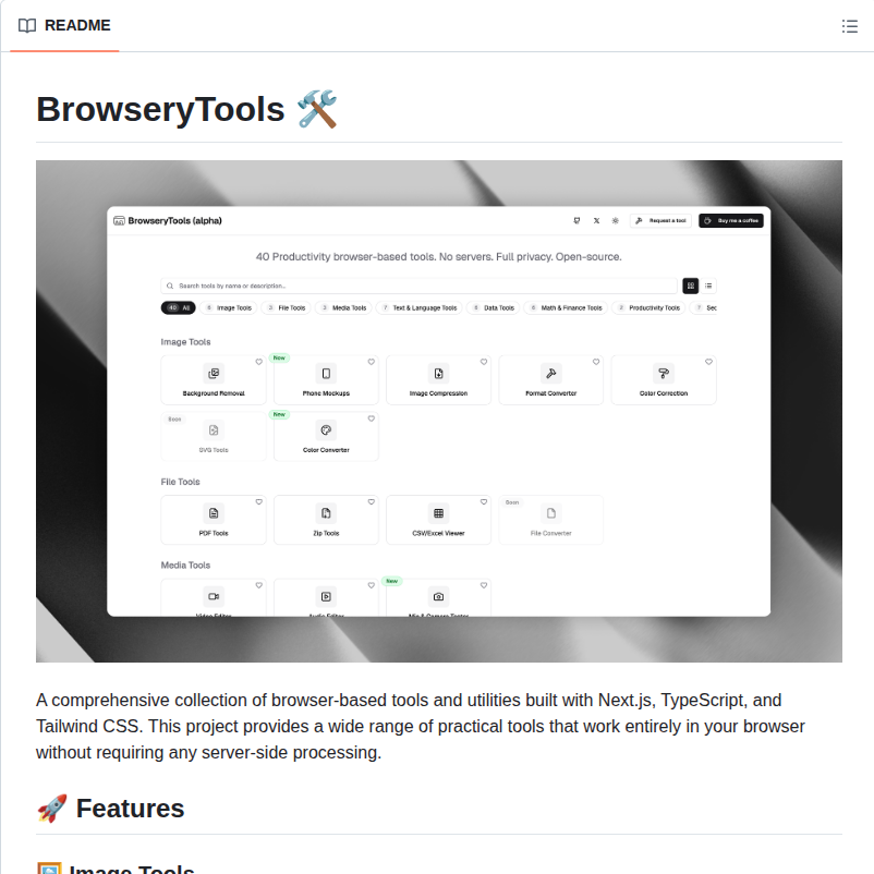 tom_doerr's tweet photo. Browser-based tools with no server-side processing

https://t.co/8t8DBoOR1I https://t.co/SEGlR6AUza