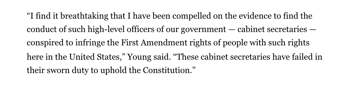 kyledcheney's tweet image. NEW: A federal judge today blasted Secretaries Noem and Rubio, saying they led an 'unconstitutional conspiracy' to violate the free speech of foreign students with pro-Palestinian views.

w/ @joshgerstein @hassankanu 

politico.com/news/2026/01/1…