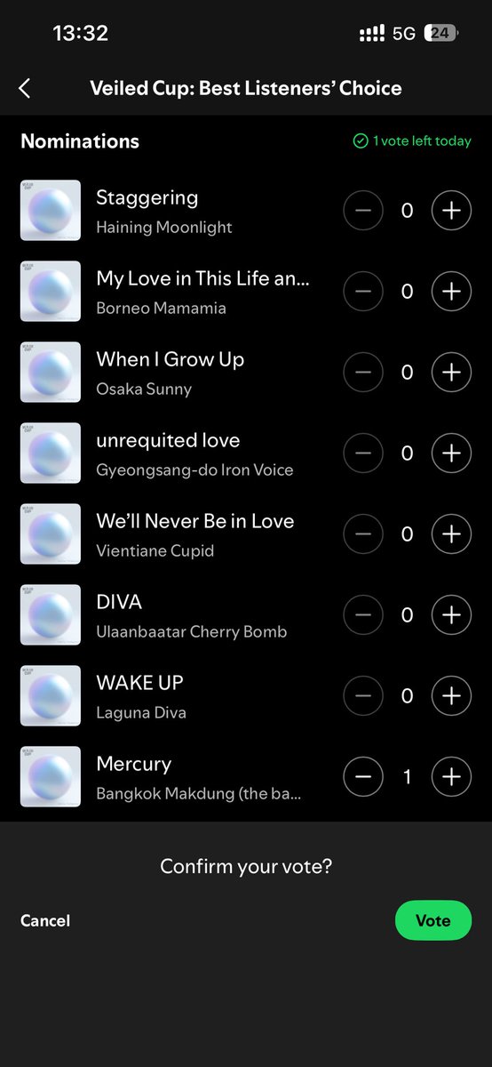 มาแล้วค่ะ สำหรับใครยัง งงๆ ขออนุญาตบอกวิธีโหวตนะค้าาา 

📌 เข้าไปที่ Spotify 
🔍 กดเสิร์ช Veiled Cup
📊 จิ้มที่ปุ่ม Vote

*สามารถโหวตได้ 3 ครั้งต่อวันนะคะ
ฝากโหวตให้ผู้เข้าแข่งขันชาวไทยด้วยน้าา 
✅Bangkok Makdung (the baby)
✅Bangkok Soul Man
✅Phang Nga Bay Fighter