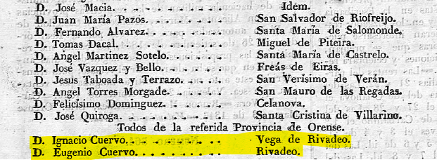 Entre os estudantes que tomárom as armas para defender a Revoluçom Galega de 1846, um de Ribadeu, A Marinha, e outro da Veiga de Návia, a Galiza nom administrativa. Velaí buscados no BOP de Ourense de 19 de Maio desse ano.