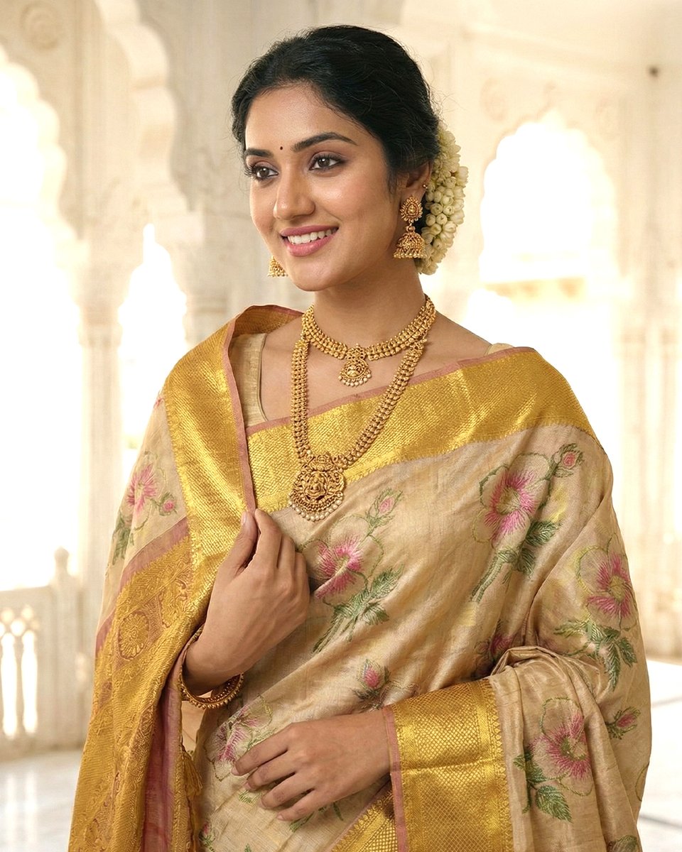 NeerusInd's tweet photo. Champagne Silk ✨️

Champagne silk with rich golden detailing comes together in a saree crafted for festive moments that feel truly special. The soft sheen and refined weave create a look that is polished, composed, and quietly striking ✨️ https://t.co/pPzGseIJly