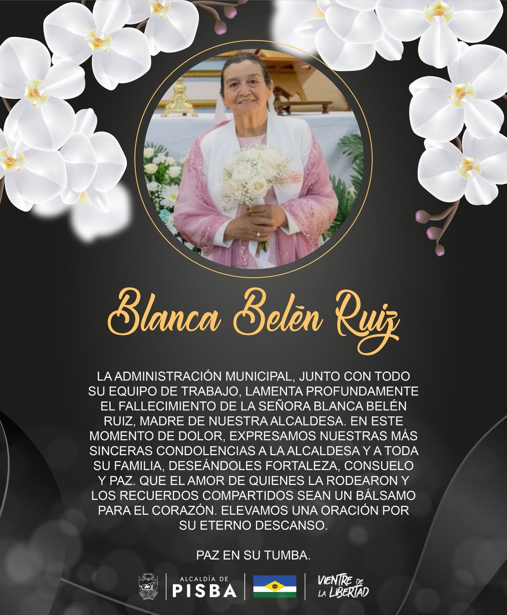🖤
Con profundo respeto, la administración municipal y todo su equipo de trabajo expresan su pesar por el fallecimiento de la señora Blanca Belén Ruiz, madre de nuestra alcaldesa. Nos unimos al sentimiento de duelo...

Conoce más detalles aquí 👇
pisba-boyaca.gov.co/noticias/condo…
