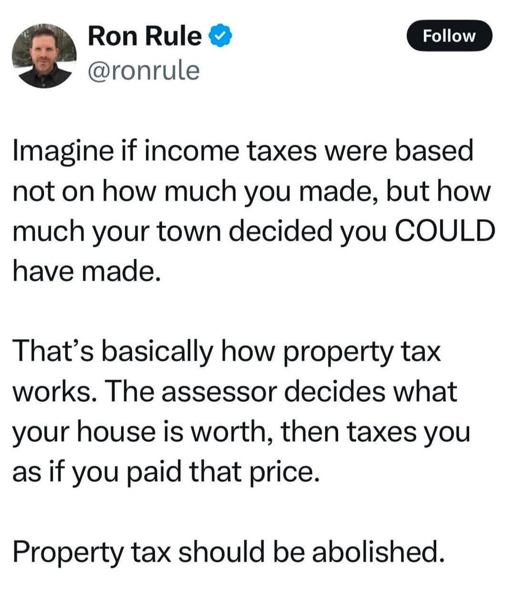 LibertyCappy's tweet image. Property tax should not exist in a free society

Do we own our own property or not?

Abolish property tax!