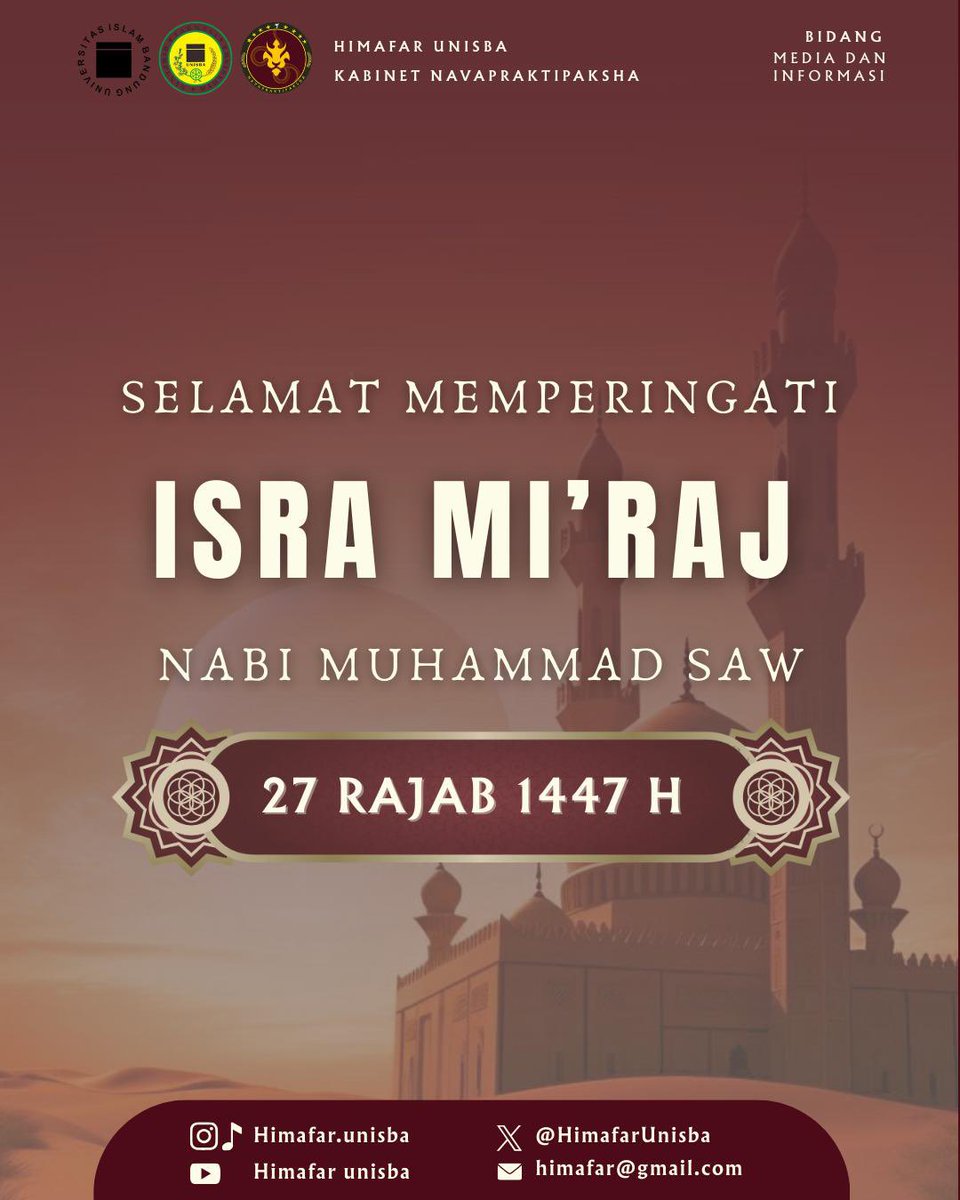 Selamat Memperingati Isra Mi’raj Nabi Muhammad SAW
Isra Mi’raj adalah peristiwa agung dalam Islam ketika Nabi Muhammad SAW, melakukan perjalanan malam hari atas kehendak Allah SWT. Isra adalah perjalanan dari Masjidil Haram di Makkah ke Masjidil Aqsa di Palestina.