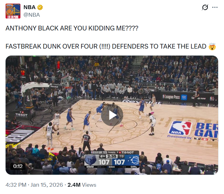 wildlifeluvr's tweet photo. Hi David @steelemagic 
So far 2.4 MILLION (&amp; counting) views of the NBA's video on the Anthony Black dunk.
@IsThisAnything1 
I'm wondering if any Magic player ever came close to matching this number of social media views.  I'm not sure even Shaq came close to this.  #MakeItMagic https://t.co/4cV4ZbaLOL