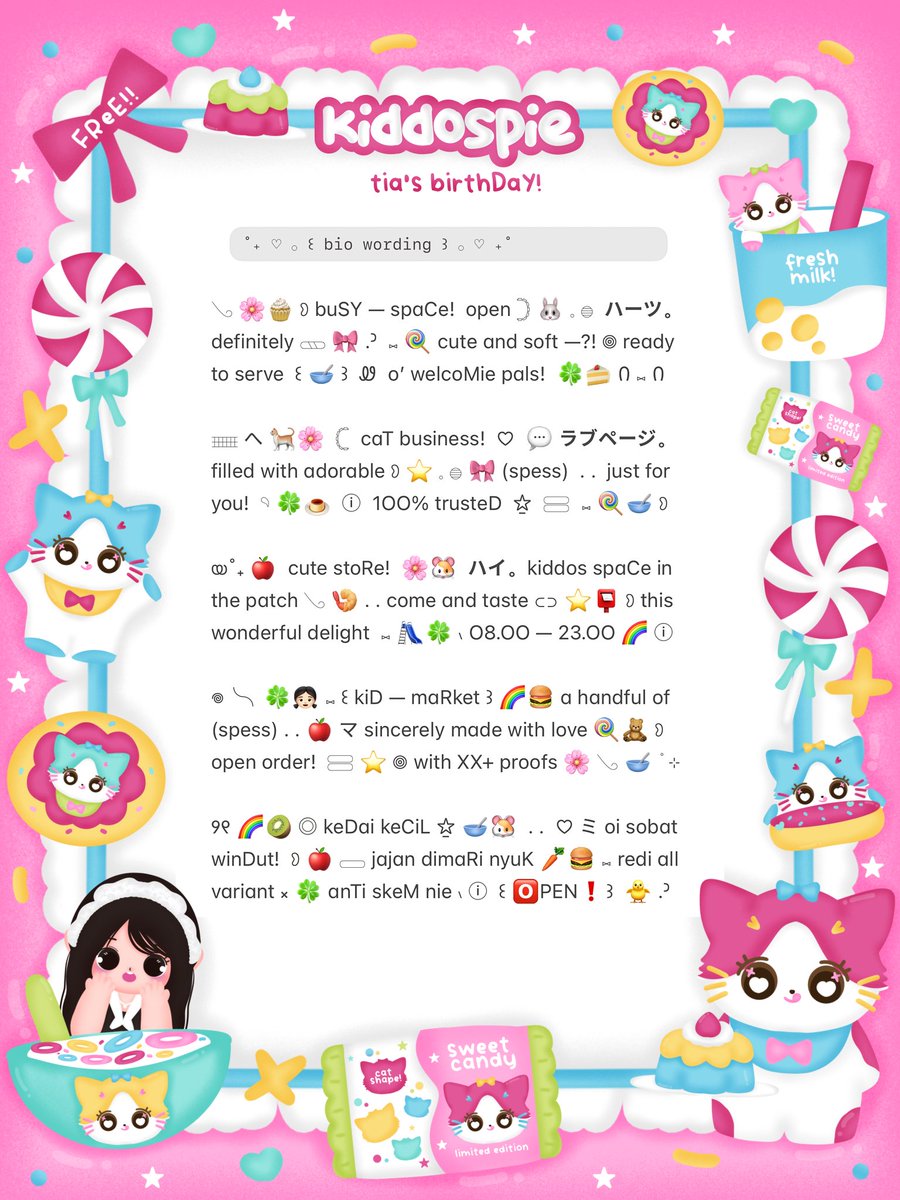 kiddospie's tweet image. ⠀
⸝⸝ ꕤ  𓈄 𓈒  help rt? thank you! ☘️

💭  ☆̲ ◞ₓ˚ 🥣 halo teman—timun!  𓏲 ﾟ。。𖢷 dalam rangka merayakan ulang tahun 🧁🌸 ⊂⊃ kak tiaa @_anabul ◎ ada FREE 5 BIO WORDING ៶៲៸ ⓘ 👛 scroll for more!  ✋🏻 𖠗 ៸ 🍭🎀 #TiaaTurns23Rawrr ♡

៸៸ 💌 യ #zonauang #zonaba ꒱