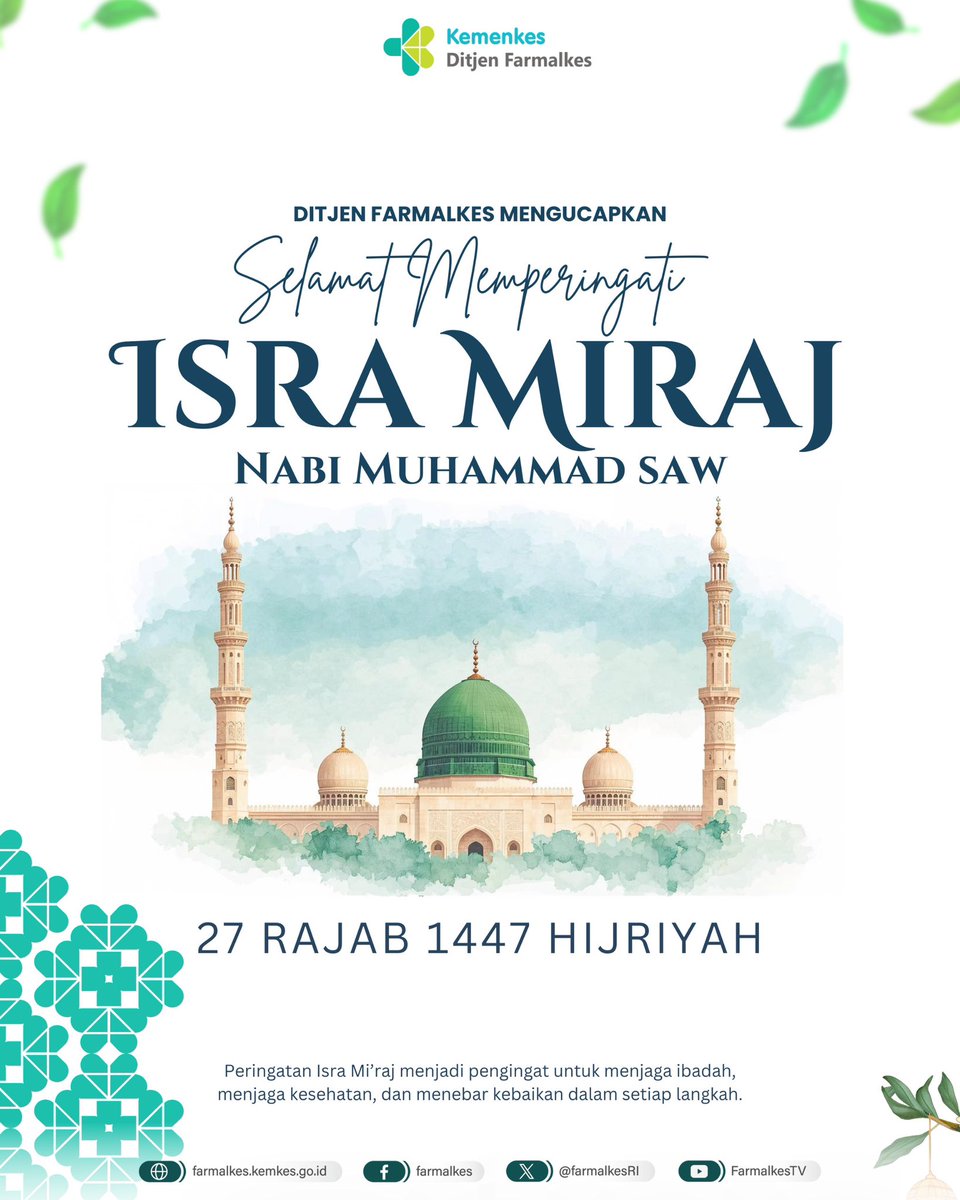 Hai #SobatSehat 
Isra Mi’raj menjadi pengingat untuk memperkuat ibadah, menjaga kesehatan, dan menebar kebaikan.
Selamat memperingati Isra Mi’raj Nabi Muhammad SAW, semoga iman kita semakin kuat dan teladan Rasulullah senantiasa kita amalkan.

Salam Sehat!
#KemenkesRI  #Farmalkes