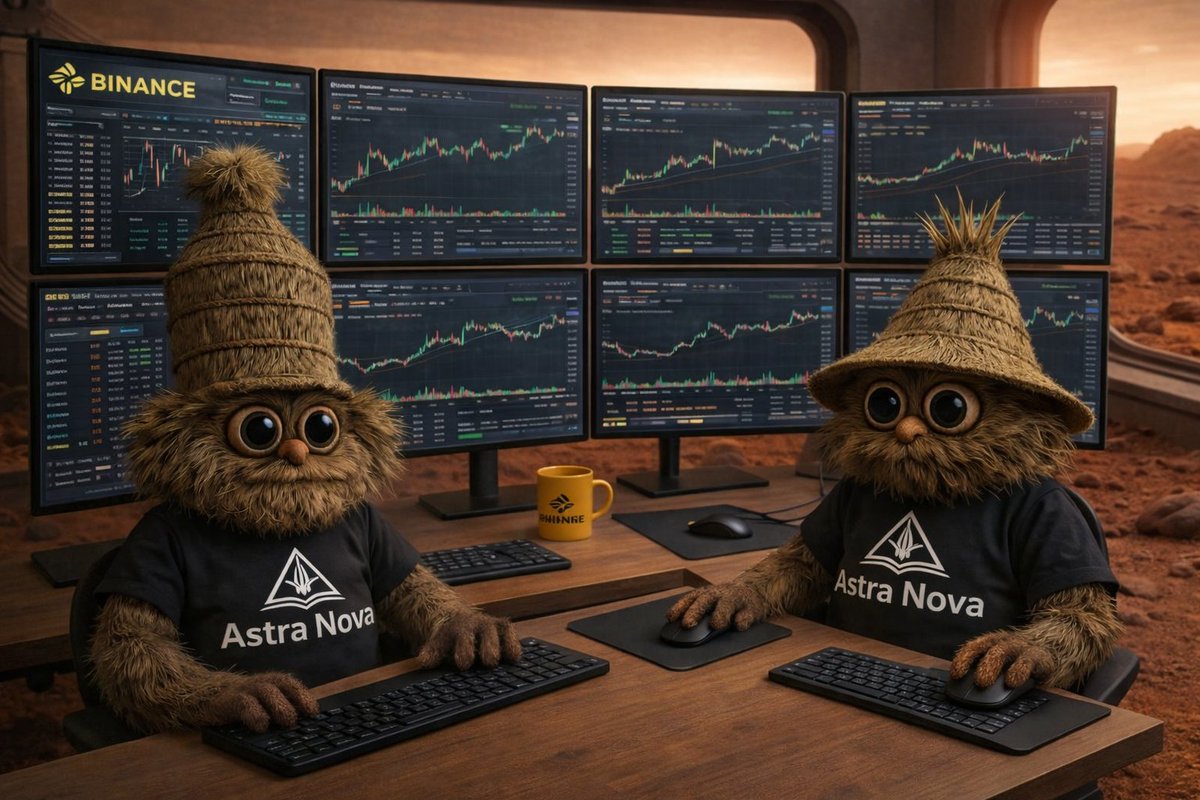 Two cute furry characters are trading cryptocurrency on the Binance  exchange while sitting in a futuristic park on Mars. They are wearing straw  hats and black Astra Nova T-shirts. Around them is