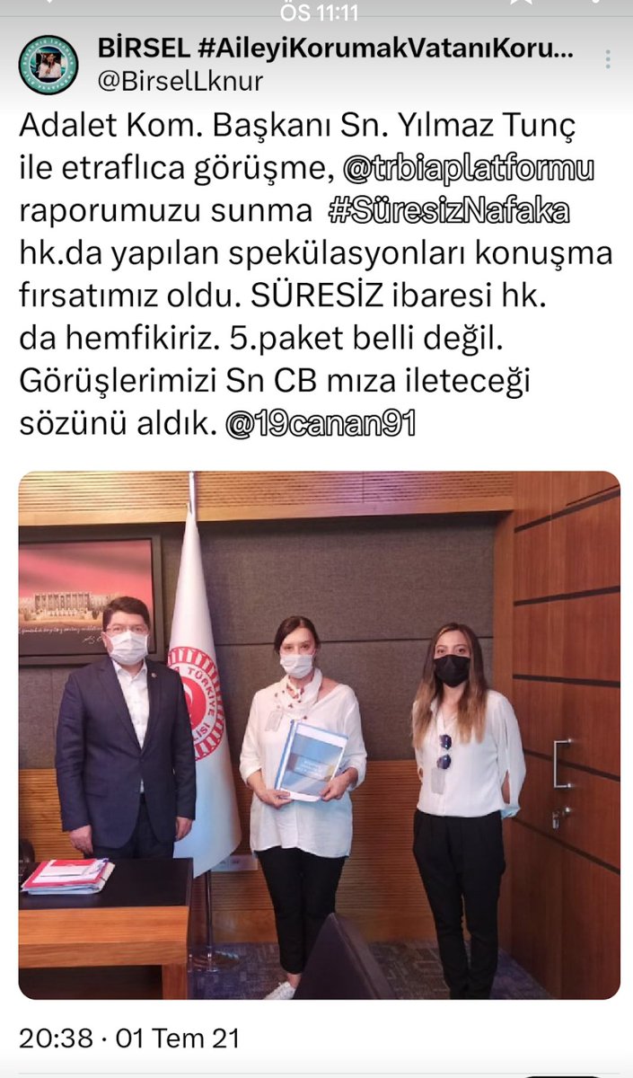 <a href="/tayyarulucinar/">hafız cafertayyar küçükiba</a> <a href="/EsesliTemizlik/">Esesli Gürol</a> <a href="/tcbestepe/">T.C. Cumhurbaşkanlığı</a> <a href="/yilmaztunc/">Yılmaz TUNÇ</a> <a href="/MahinurOzdemir/">Mahinur Özdemir Göktaş</a> <a href="/RTErdogan/">Recep Tayyip Erdoğan</a> <a href="/erbakanfatih/">Dr. Fatih Erbakan</a> <a href="/SelcukGeyveli/">Selçuk Geyveli</a> Paylaştığım yayın 2023 tarihli.
Sayın Tunç 2021 yılında görüşme talebimizi kabul etmişti, kendisine anlatıp hem de dosyamızı sunmuştuk. 
5 yıl geçti,bu süreç zarfında Bakan oldu ancak yasada bir değişiklik olmadı,sadece olacağı konuşuluyor.
İcraat bekliyoruz
#SüresizNafaka 
👇