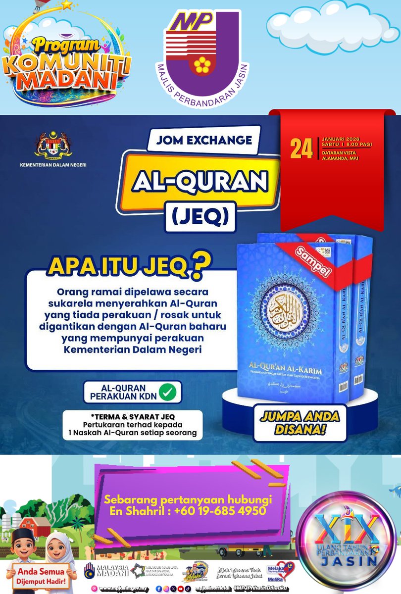 ASAL BARANG JADI DUIT!
Jom Exchange Al-Quran (JEQ)

24 Jan 2026 (Sabtu)
9.00 pagi – 1.00 petang
Vista Alamanda MPJ

Bawa barang kitar semula,
Semak &amp; tukar Al-Quran lama,
Jana pendapatan sambil buat amal
Terhad 1 naskhah Al-Quran / keluarga
Sumbangan kecil, impak besar untuk bumi