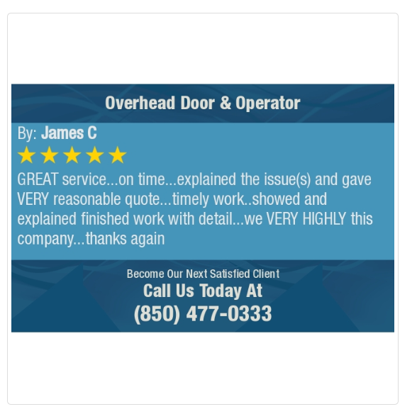 Punctuality is our policy. We value your time and strive to deliver prompt garage door repairs.

Pensacola Overhead Door &amp; Operator
Garage Door Repairs in Pensacola
bit.ly/2N2MybW