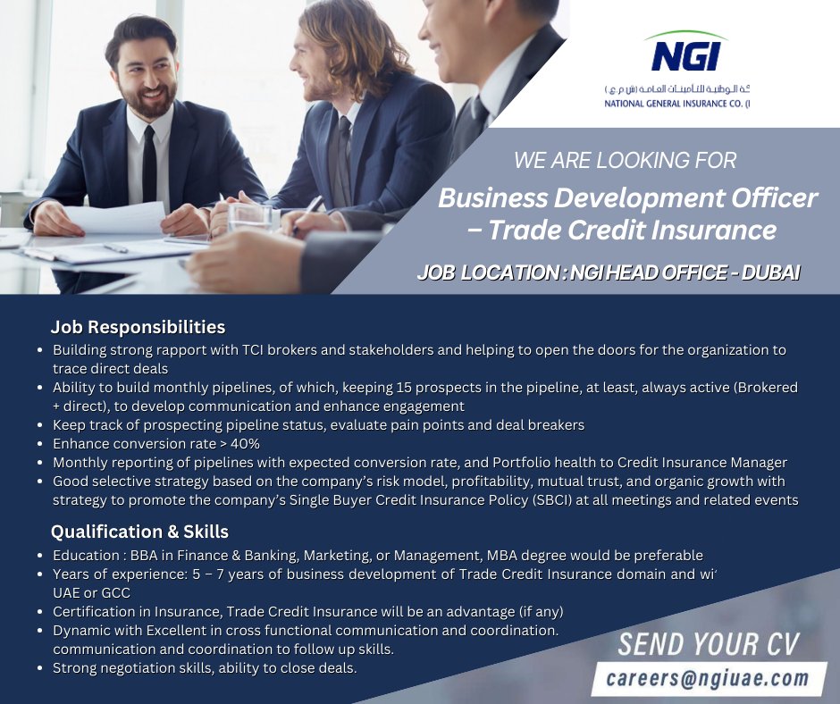 We are looking for a Business Development Officer – Trade Credit Insurance
Location: NGI Head Office, Dubai

Send your CV to:
careers@ngiuae.com

#uaejobs #jobsinuae #gulfjobs #recruitment #dubaii #NGI #nationalgeneralinsurance #careers #insurance #hiring #insurancejobs