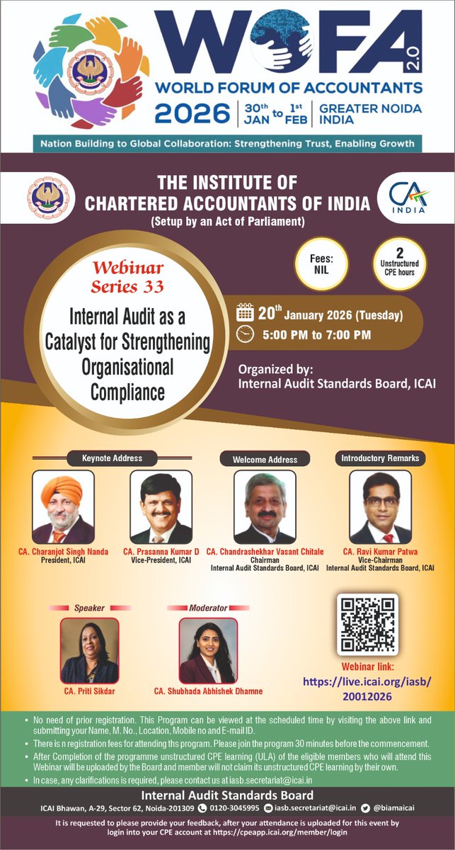 Webinar on "Internal Audit as a Catalyst for Strengthening Organisational Compliance " - January 20, 2026 -5:00 to 7:00 PM

Registration Link :: live.icai.org/iasb/20012026