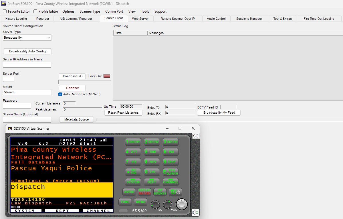 Now running ProScan with my <a href="/Uniden_America/">Uniden America Corp</a> SDS100. Solid software with great control and logging. Planning to stream on <a href="/Broadcastify/">Broadcastify</a> soon. #ScannerChatter