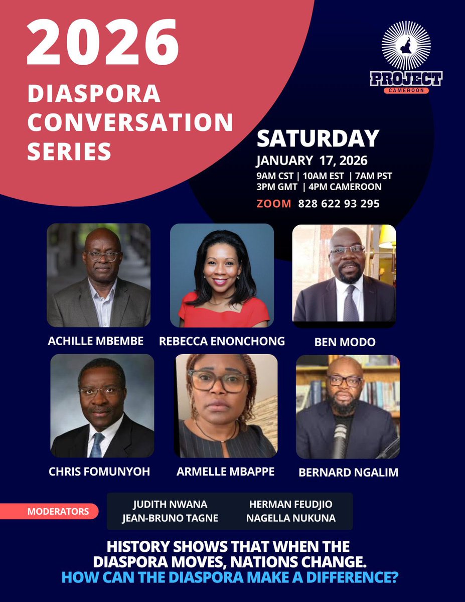 projectcameroon's tweet image. Join us for our usual zoom meeting on
Saturday January 17 at 10 am EST, 4pm Cameroon time.
@africatechie @ChrisFomunyoh @BeyondAfricaP 
us06web.zoom.us/j/82862293295
#FreeCameroon #Liberezlecameroun