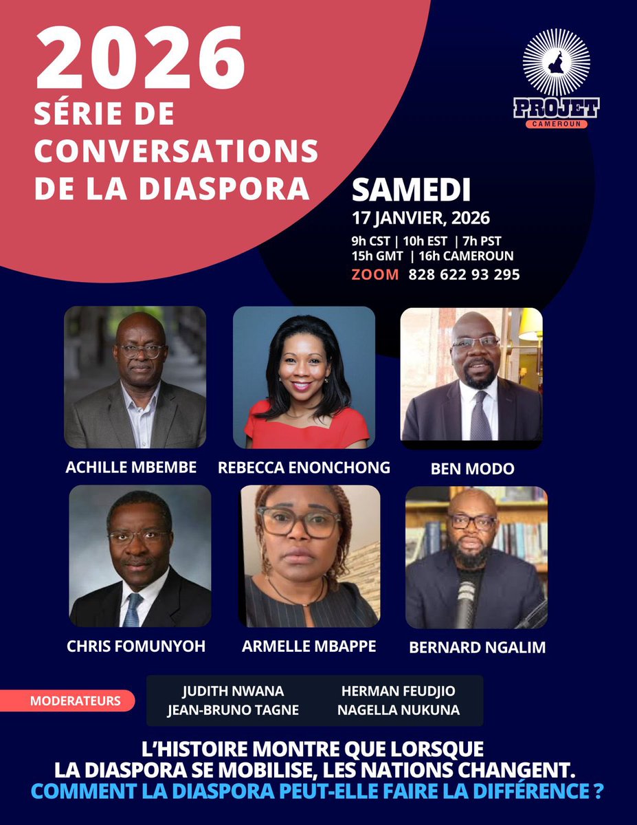 projectcameroon's tweet image. Join us for our usual zoom meeting on
Saturday January 17 at 10 am EST, 4pm Cameroon time.
@africatechie @ChrisFomunyoh @BeyondAfricaP 
us06web.zoom.us/j/82862293295
#FreeCameroon #Liberezlecameroun