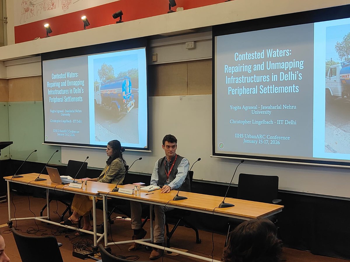 iihsresearch's tweet photo. Welcome back to Day 2 of Urban ARC 2026.
We open day 2 with Panel 6 'Scaling Control: Infrastructure and Governance', chaired by @tbhatikar - Senior Manager, @iihsin Research Office. 

Focusing on scale, this panel brings together studies that show how infrastructure, law, and technical standards quietly reorganise urban governance and everyday life.

Anshika spoke about how mega infrastructure corridors are no longer just projects, they act as corridors of control, reorganising settlement, mobility, and governance at scale.
Key insight: 
Faster movement doesn’t translate to belonging - people move more, but urban citizenship thins out, prompting contestation through courts, counter-mapping, and demands to democratise scale.

Yogita (@JNU_official_50) & Christropher (@iitdelhi) delved into how the everyday water access in Delhi can reveal a fragmented urban landscape - uneven supply, declining groundwater, irregular tankers, and rising costs shape an archipelago of water insecurity.
Key insight: 
Groundwater quietly sustains local needs while sidestepping centralised control, showing how water, land, and power remain deeply entangled.

From Chandigarh’s peripheries comes a look at how heritage travels outward—not to preserve, but to regulate, discussed by @ruchikakhanna27 from @JNU_official_50 
Key insight: 
Courts increasingly shape peri-urban futures by turning aesthetic ideas like 'visual harmony' into enforceable legal standards, making heritage a tool of spatial governance.